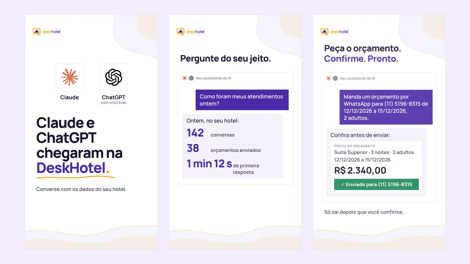 Claude e ChatGPT na DeskHotel: pergunte sobre atendimentos e peça orçamentos com confirmação (imagens ilustrativas)